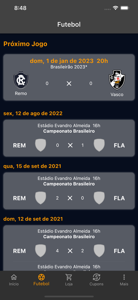 Tela do Remo App com agenda de jogos de futebol e placares históricos