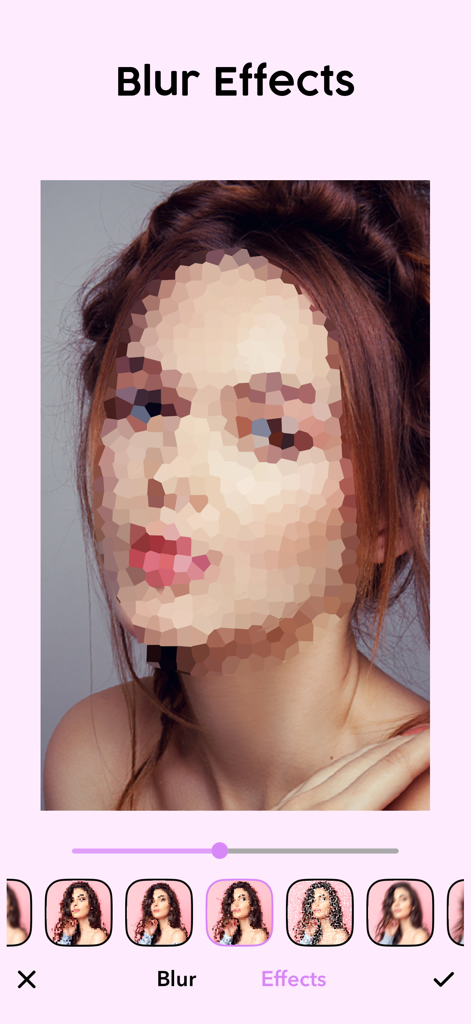Blur Face - AI Photo Blur - Interface de l'application Flouter Visage montrant un effet de cristallisation appliqué au visage d'une femme pour la confidentialité.