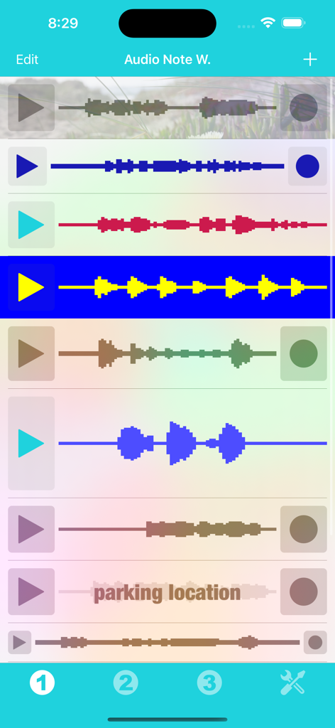 Audio Note Widget - 앱 인터페이스 내에서 파형과 재생 버튼이 있는 다양한 색상의 녹음 목록
