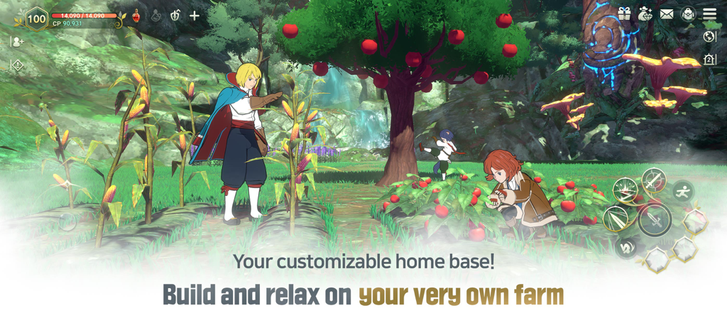 Due personaggi anime che curano un giardino rigoglioso e raccolgono prodotti sulla loro fattoria personalizzabile