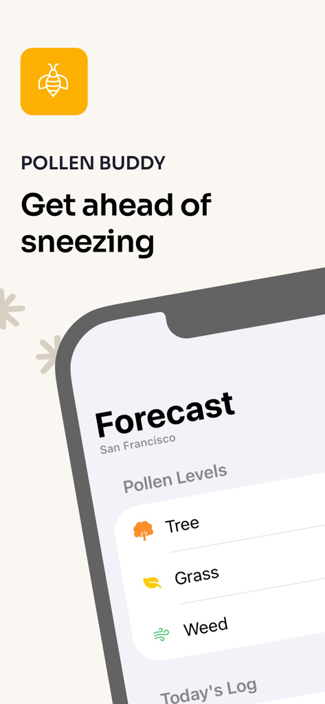 Pollen Buddy – Allergy Tracker - Pollen Buddy app interface showing pollen levels for tree grass and weed