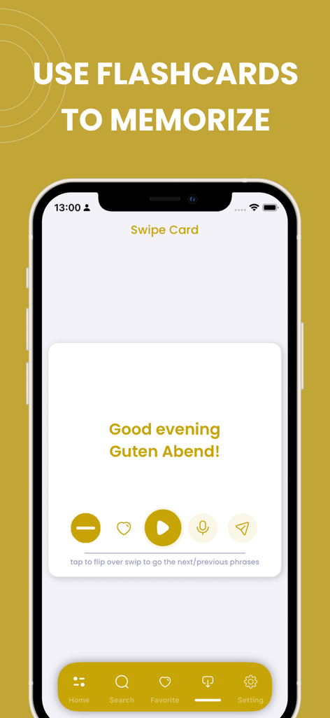 Learn German - Phrasebook - Learn German phrasebook mobile app flashcard feature for memorizing phrases like Guten Abend