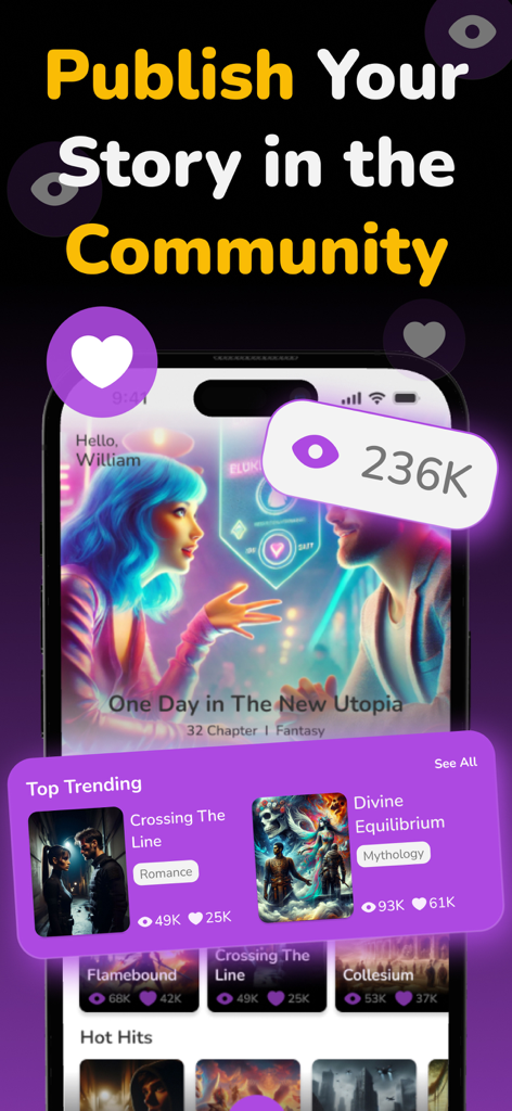 A mobile phone screen displaying the StoryNow AI community interface with trending stories and view counts.