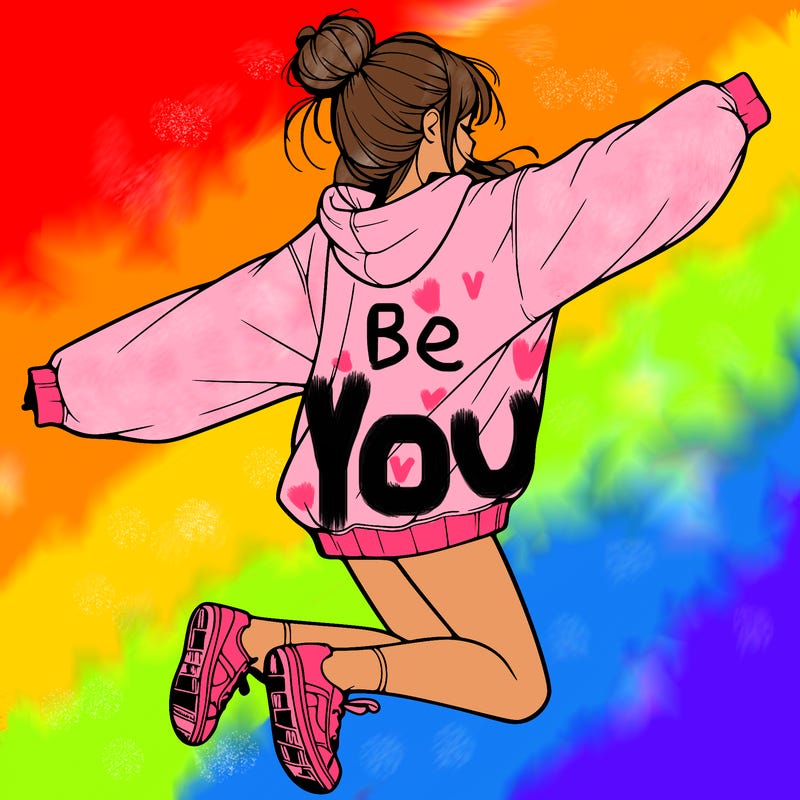 realistic girl jumping with a bun and oversized sweatshirt