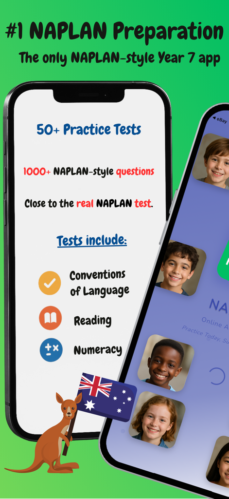 NAPLAN 7 Online Test - NAPLAN Year 7 test preparation app showing practice tests for language reading and numeracy
