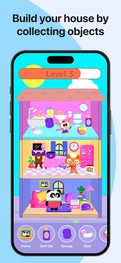 Lingokids Town - Interface of Lingokids Town showing a three story virtual house with characters and collected objects