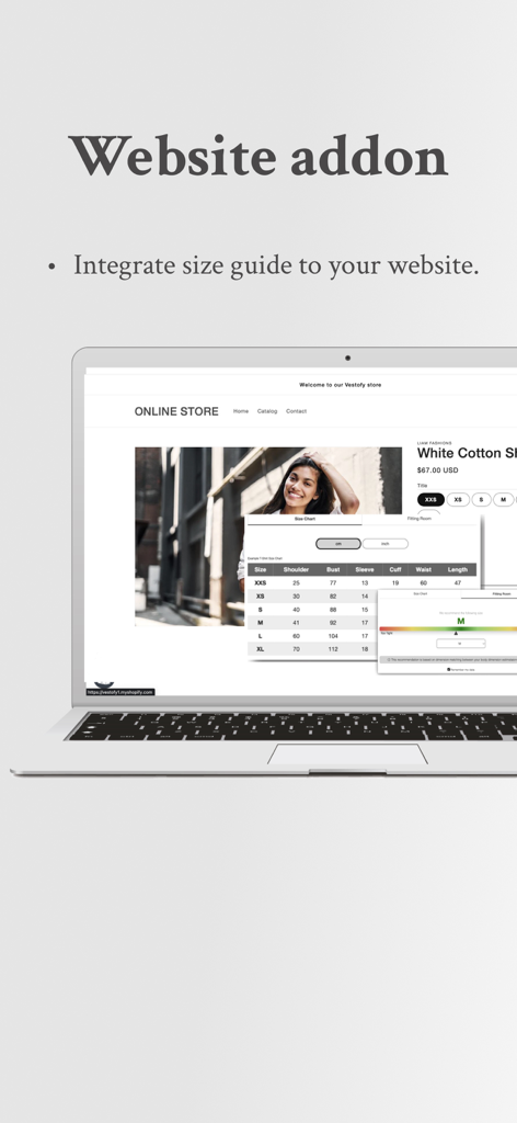 Size Guide Builder | Vestofy - Laptop mit einer Größenberater-Integration auf einer E-Commerce-Website