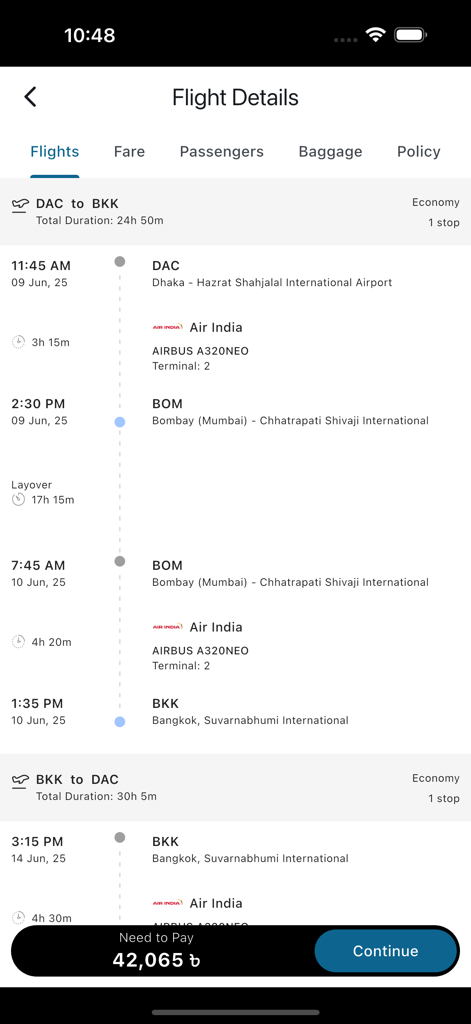Sasta Ticket - Flight details page on the Sasta Ticket app displaying a trip from Dhaka to Bangkok