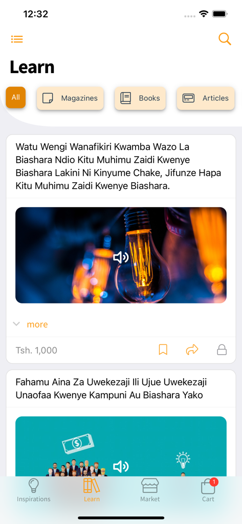 Swahilies - Swahilies app learn screen showing educational categories and content cards in Swahili