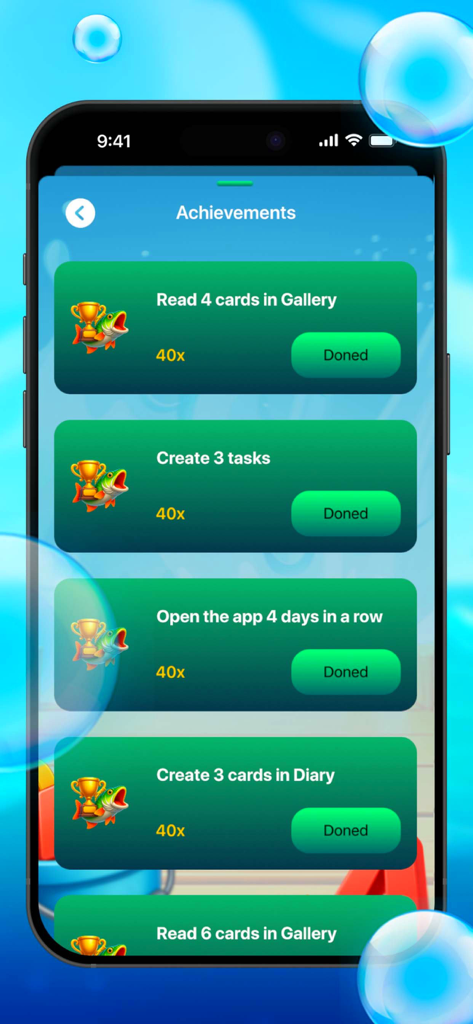 Mobile app screenshot of the achievements screen showing completed tasks with fishing trophy icons and a blue ocean theme