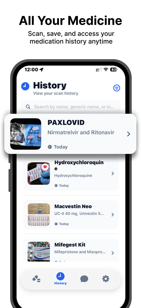 Pill Identifier: AI Pill ID ® - A smartphone screen displaying a history of scanned and identified medications with names and photos