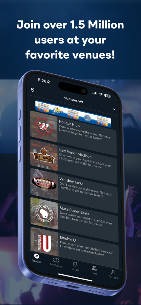 LineLeap app interface showing a list of bars in Madison for skipping lines