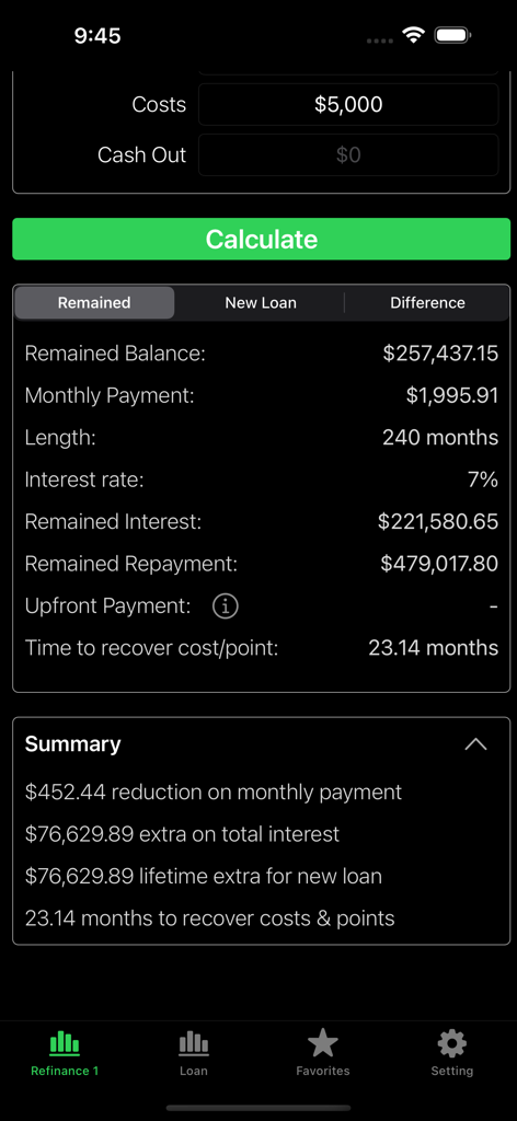 Refinance-Home Loan Calculator - Una pantalla móvil que muestra cálculos de refinanciamiento de hipoteca, incluido el saldo restante y el resumen del pago mensual