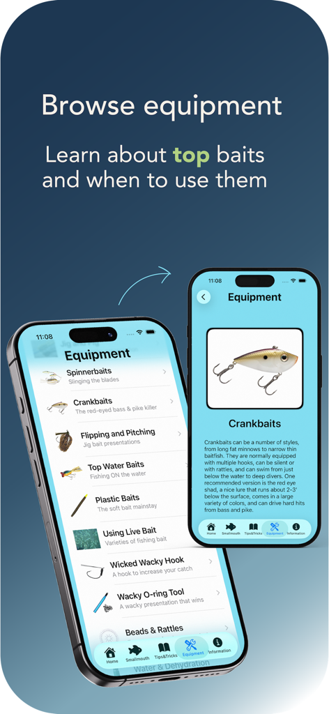 Bassmaster App - Bassmaster App equipment screen displaying various fishing baits and lure descriptions.
