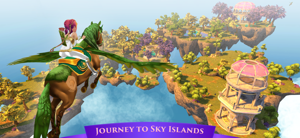 A female character riding a green-winged horse over floating fantasy islands in Horse Riding Tales Wild World