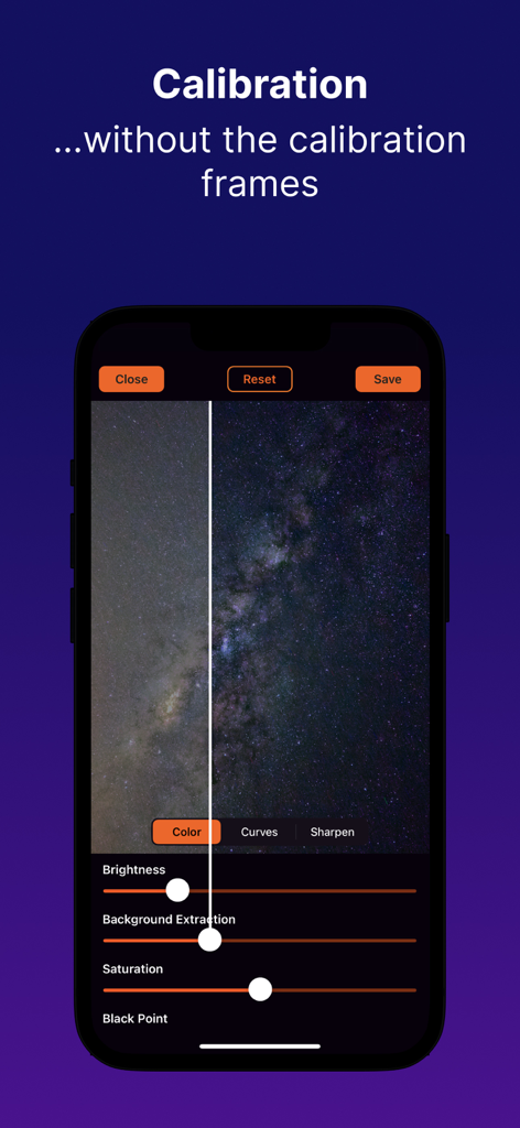 AstroShader - Interfaz de la aplicación AstroShader que muestra la calibración antes y después de la foto de una imagen de la Vía Láctea con controles deslizantes de extracción de fondo.
