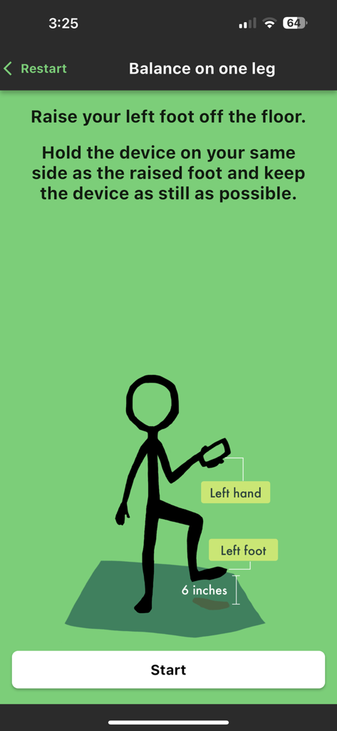 DRUIDapp - Instruction screen for the balance on one leg impairment test in DRUIDapp