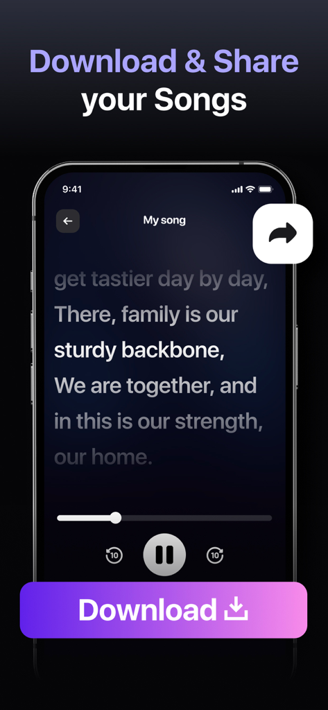 AI Song Music Generator: Muzio - Muzio app interface showing options to download and share AI-generated songs