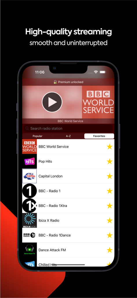 iPhone screen displaying a list of favorite British radio stations in the Radio UK app