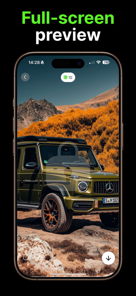 Wallpapers HD & 4K - Thematica - Vista previa a pantalla completa de un fondo de pantalla de coche en la aplicación Thematica