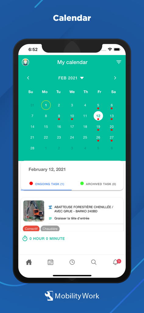 Mobility Work - Calendrier de l'application Mobility Work montrant les tâches de maintenance planifiées.