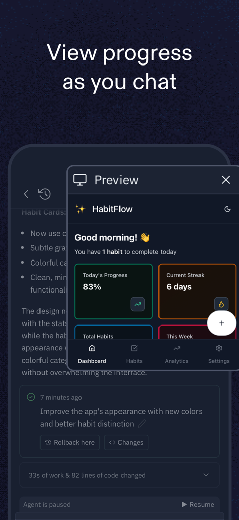 A mobile screen showing a real-time preview of a habit tracking app being built with the Replit AI agent through a chat interface