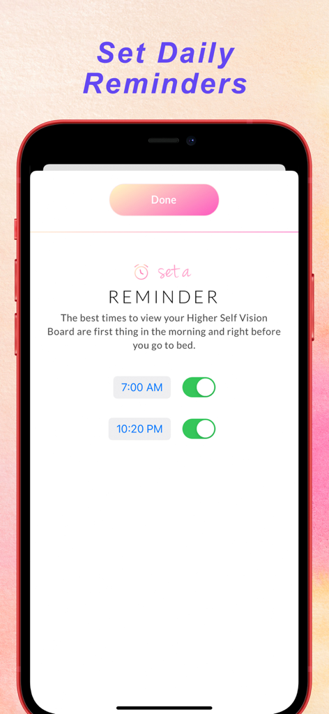 Vision Board Manifestation - Interfaz de la aplicación Manifestación con Tablero de Visión que muestra opciones para establecer recordatorios diarios para sesiones de visualización matutinas y nocturnas.