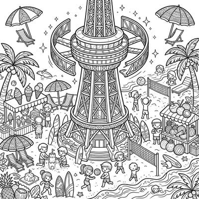 Immerse yourself in the ultimate summer coloring adventure, featuring a grand rotating sky tower overlooking a lively beach. This page is packed with happy children playing, refreshing treats, and tropical vibes, perfect for bringing sunshine to your day.