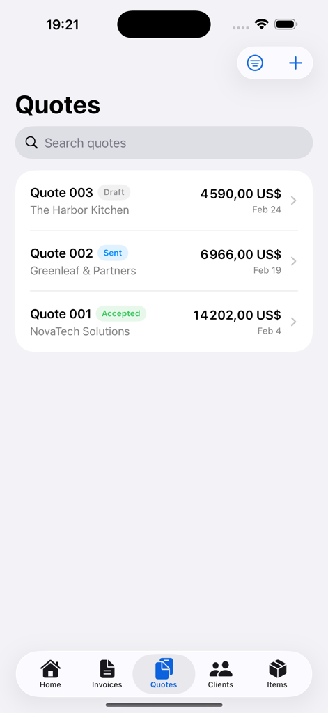 Invoice Maker & Estimate App • - Mobile app screen showing a list of business quotes with statuses including draft sent and accepted