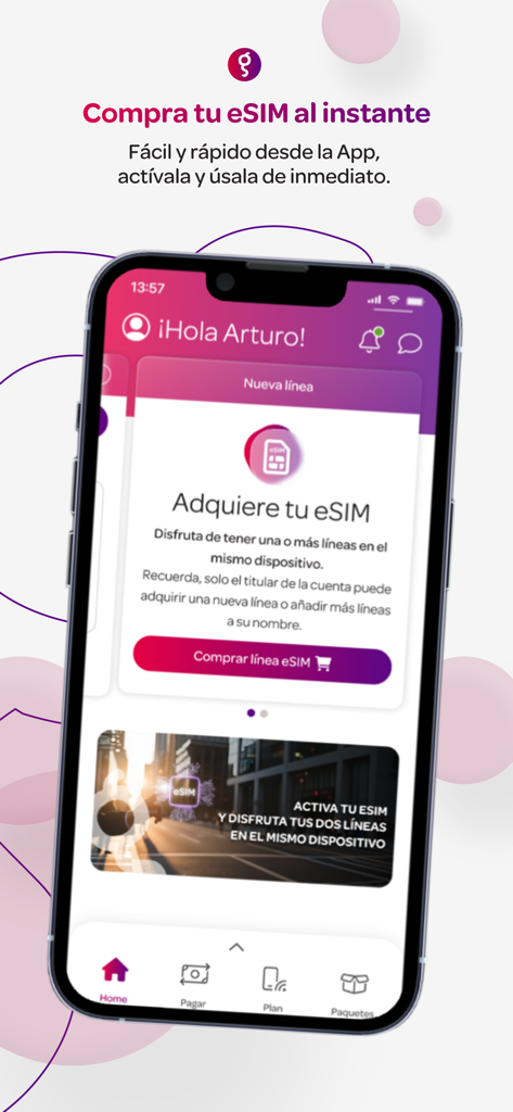 Interface of the Digitel app showing a screen to buy and activate an eSIM instantly on a smartphone.