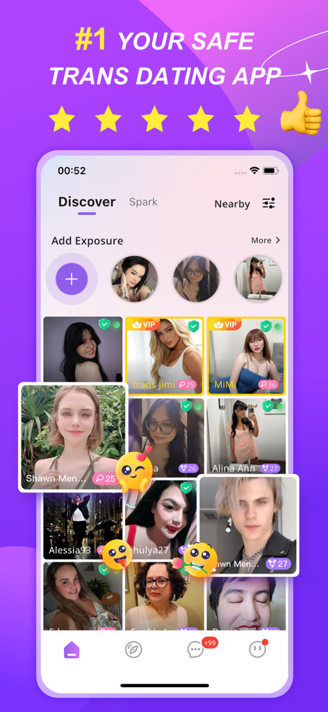 TransMe: Transgender Dating - Pantalla de descubrimiento de la app de citas trans TransMe mostrando fotos de perfiles