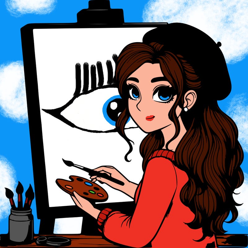 realistic girl artist painting a blank canvas