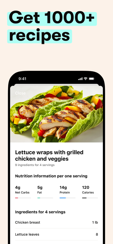 Formula diet app showing a healthy chicken lettuce wrap recipe with macronutrient information
