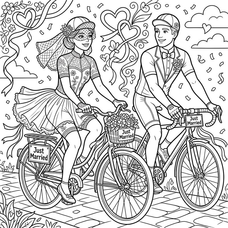 Embark on a joyful coloring adventure with this unique 'Just Married' cycling couple. This delightful scene blends the thrill of cycling with wedding romance, offering a fun and engaging creative experience.