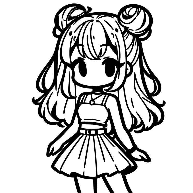 a anime girl with a crop top and a skirt and space buns