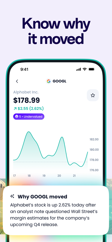 Cashu: Investing Ideas - Uma tela de aplicativo móvel do Cashu mostrando um gráfico de preços de ações do Google e uma breve explicação do motivo da mudança de preço