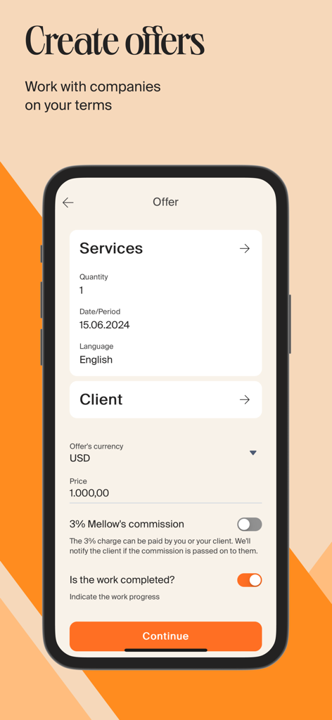 Interface of the Mellow app for freelancers to create and manage professional service offers.