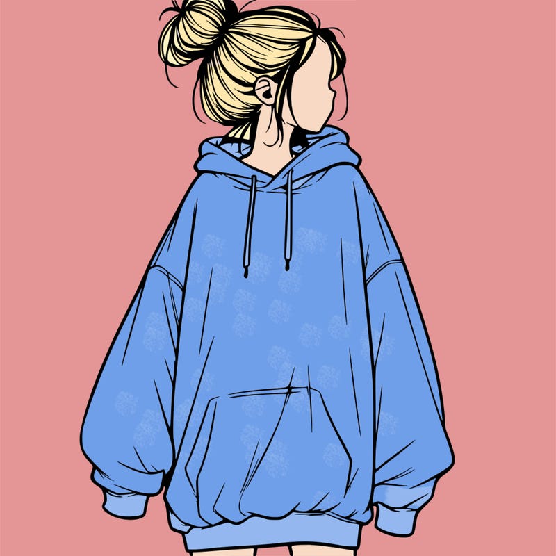 realistic girl with a oversized sweatshirt on and a bun