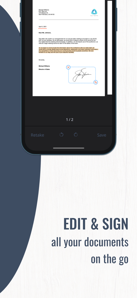 Document Scanner PDF Converter - A smartphone screen showing a digital signature being applied to a document using the Scan Fly app