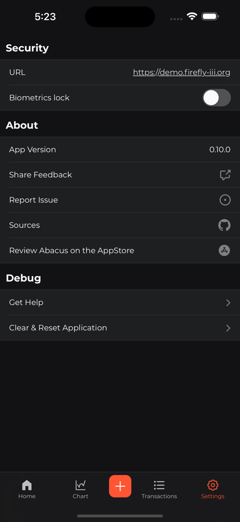 Abacus for Firefly III - Settings screen of the Abacus for Firefly III app showing security options, app version, and debug tools.