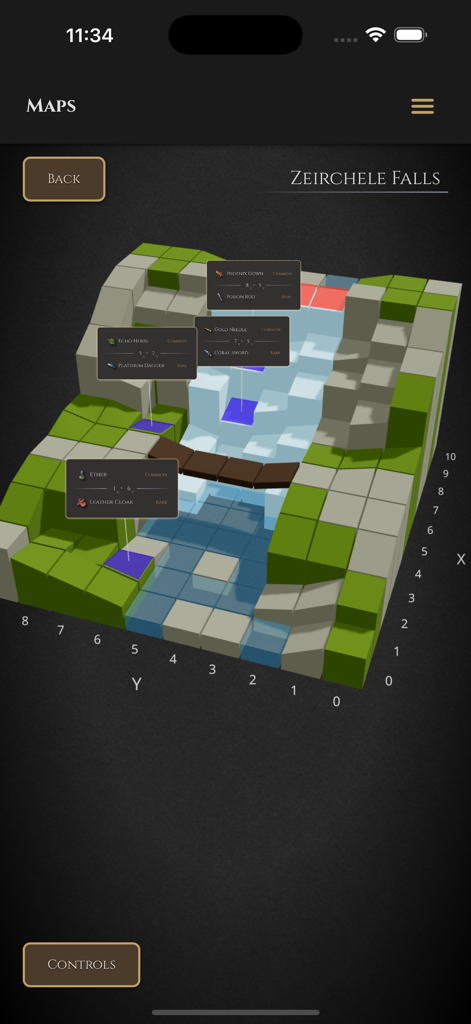 FFT Companion - A 3D interactive map of Zeirchele Falls showing hidden treasure locations and grid coordinates for Final Fantasy Tactics