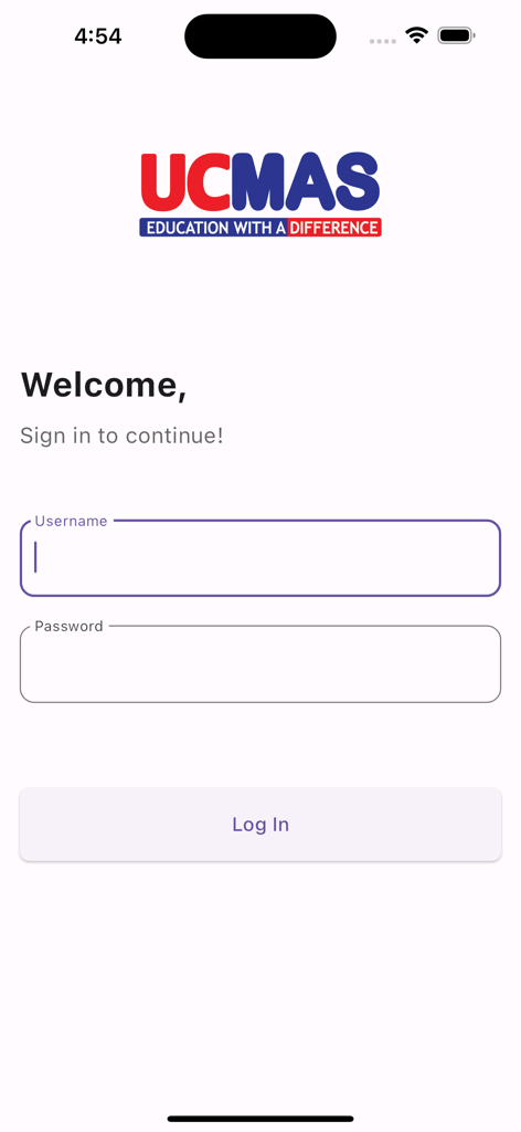 UCMAS Student App - Login screen for the UCMAS Student App with input fields for username and password.