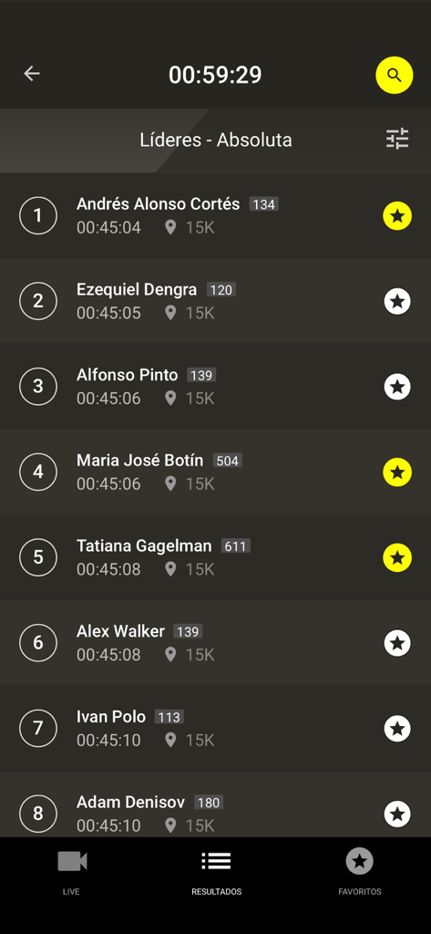 Quadro de líderes em tempo real mostrando rankings de atletas e tempos de corrida no aplicativo Publicom Live