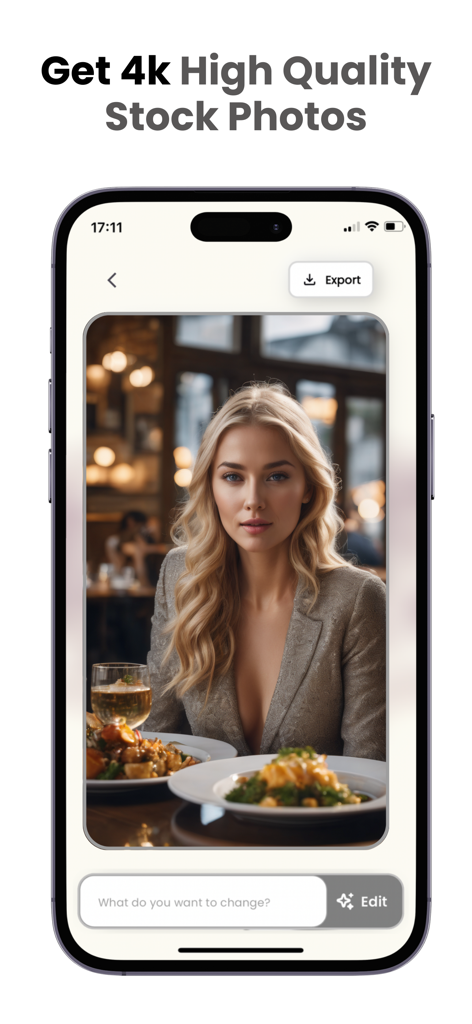 Stockimg AI: Stock Photo, Logo - AI generated high quality 4k stock photo of a woman in a restaurant displayed on the Stockimg AI app interface