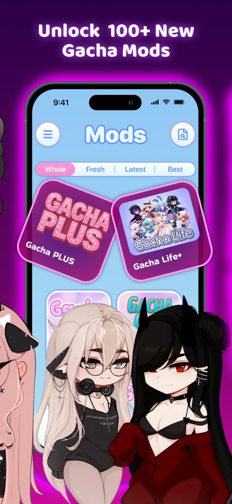 Gacha Nox - Nebula & Heat Mods - Mobile app interface displaying a variety of Gacha mods and character design options