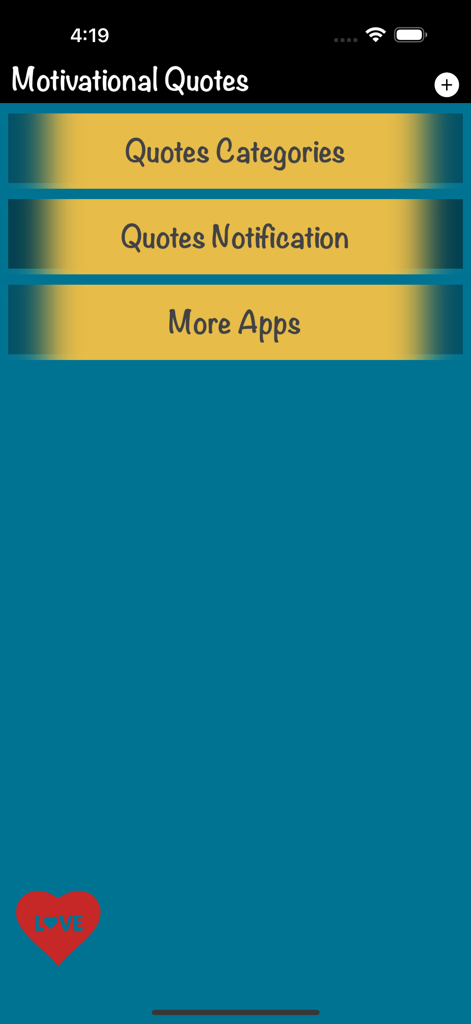 Motivational Quotes Love Quote - Interface do menu principal do aplicativo Citações Motivacionais apresentando categorias e opções de notificação.