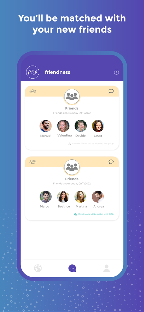 friendness - Friendness app screen showing matched groups of friends with profile pictures and names