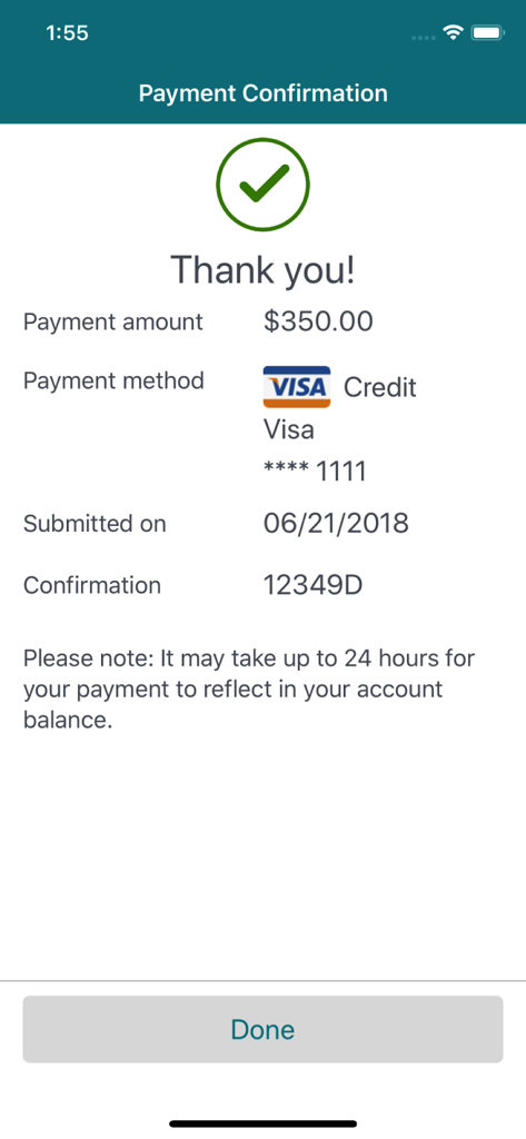 Accredo - Accredo specialty pharmacy app payment confirmation screen showing a successful transaction summary for three hundred and fifty dollars