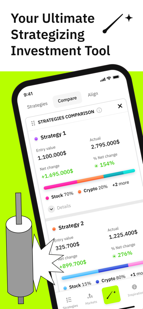Merlin Investor - A mobile app screen for Merlin Investor showing a comparison of two investment strategies with performance data and asset allocation bars for stocks and crypto.