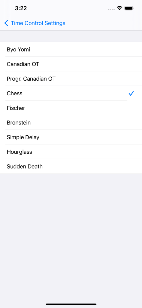 Game Clock (Chess, Go, Shogi) - Lista de configuraciones de control de tiempo para Ajedrez, Go y Shogi, incluyendo opciones Byo Yomi y Fischer.